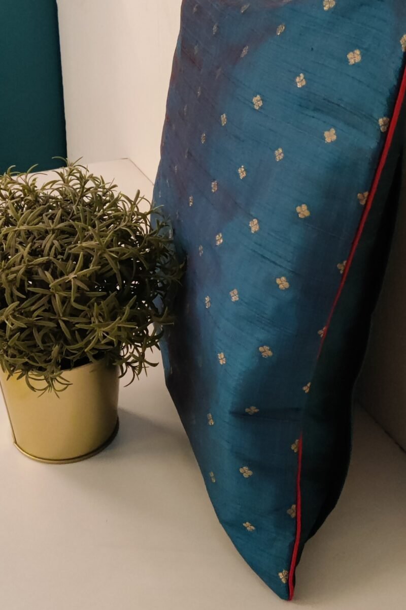 Cozy Cushion: Peacock Blue Raw Silk with Polka Dot Booties and Hot Pink Piping Cushion Cover 16" X 16" - Image 6