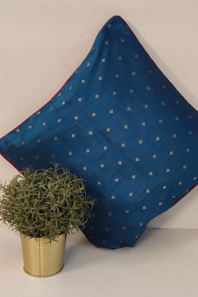 Cozy Cushion: Peacock Blue Raw Silk with Polka Dot Booties and Hot Pink Piping Cushion Cover 16" X 16"