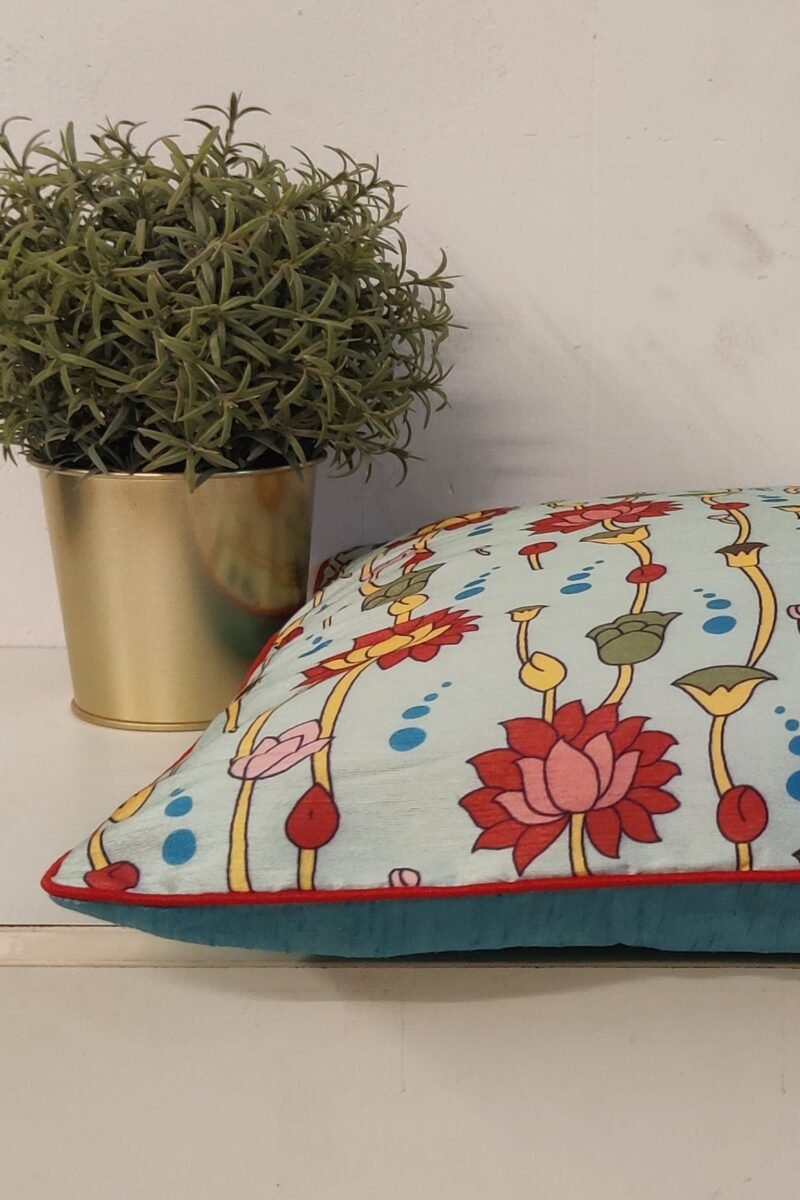 Cozy Cushion: Light Blue Kalamkari Digital Print with Lotus and Buds Cushion Cover 16" X 16" - Image 2