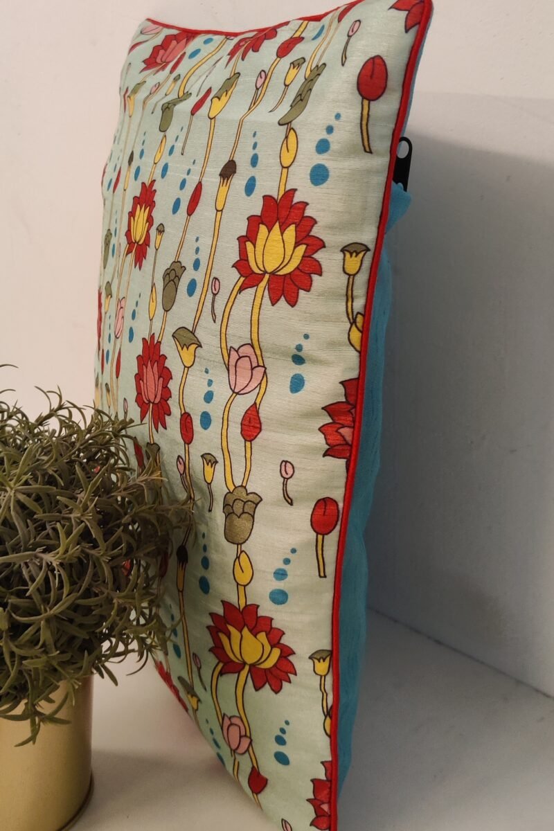 Cozy Cushion: Light Blue Kalamkari Digital Print with Lotus and Buds Cushion Cover 16" X 16" - Image 3