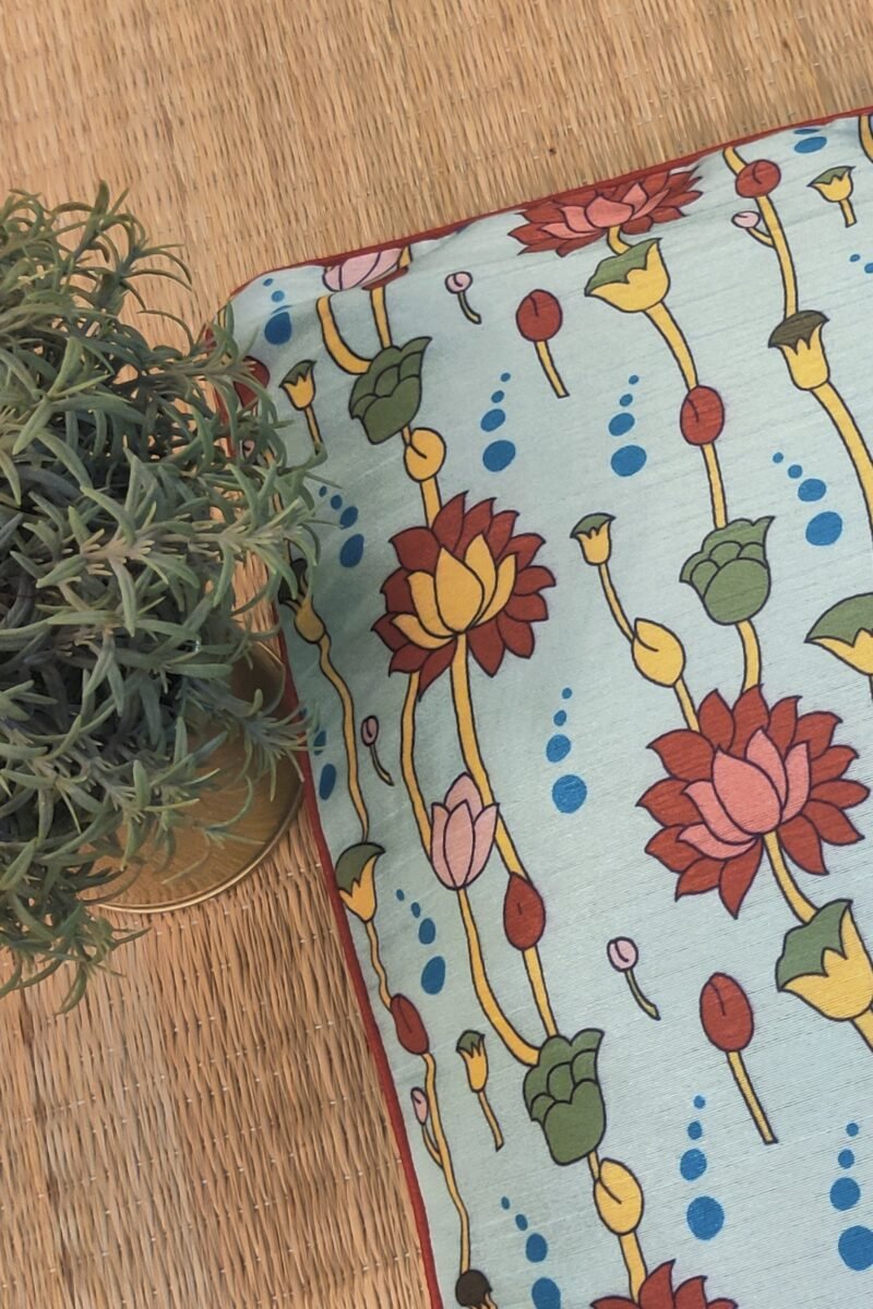 Cozy Cushion: Light Blue Kalamkari Digital Print with Lotus and Buds Cushion Cover 16" X 16" - Image 5