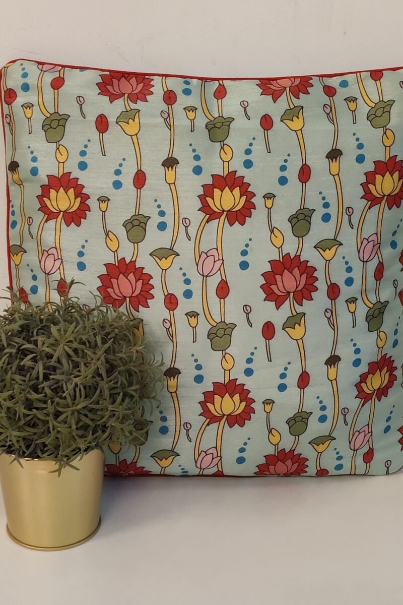 Cozy Cushion: Light Blue Kalamkari Digital Print with Lotus and Buds Cushion Cover 16" X 16"