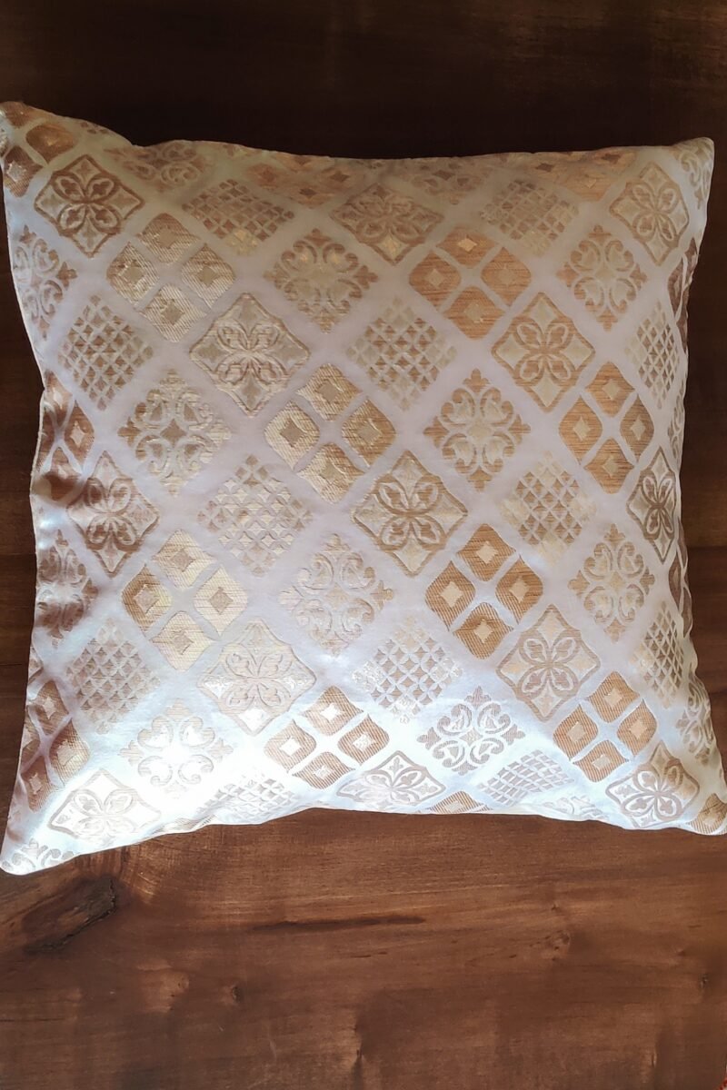Cozy Cushion: White Raw Silk with Fawn and Gold Thread Weave Cushion Cover 16" X 16"