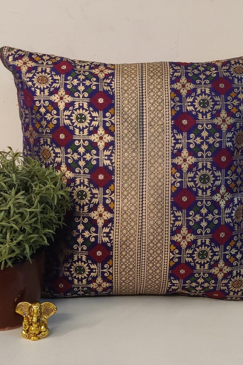 Cozy Cushion: Purple Banarasi Pattu Silk With Maroon and Gold Heavy Machine Emboidery Cushion Cover 16" X 16" - Image 2