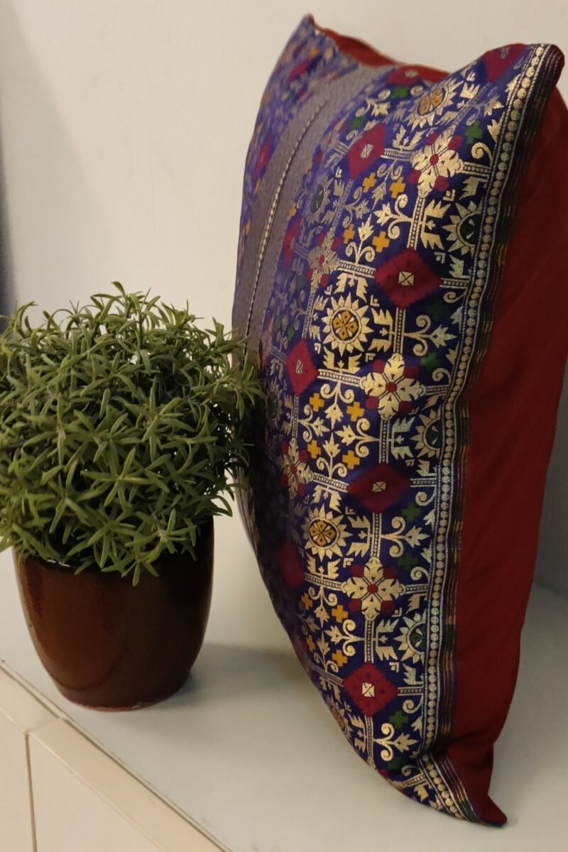 Cozy Cushion: Purple Banarasi Pattu Silk With Maroon and Gold Heavy Machine Emboidery Cushion Cover 16" X 16" - Image 3