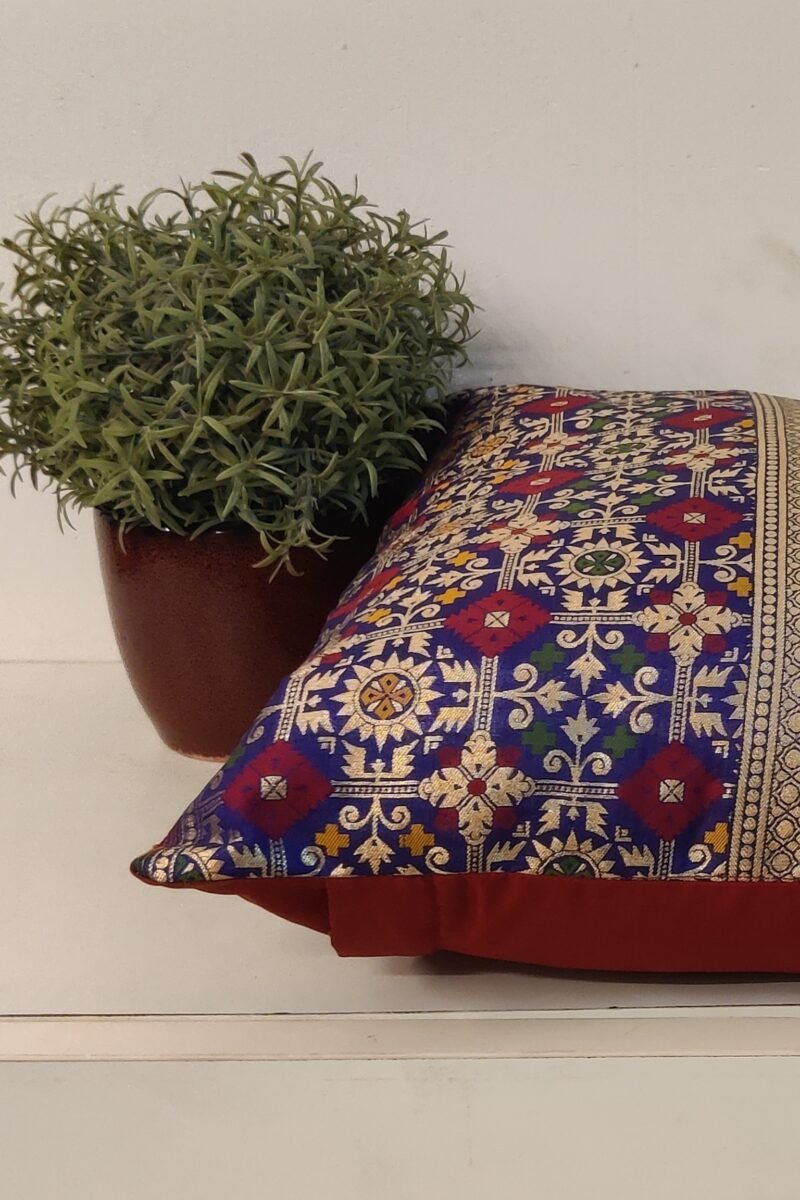Cozy Cushion: Purple Banarasi Pattu Silk With Maroon and Gold Heavy Machine Emboidery Cushion Cover 16" X 16" - Image 5