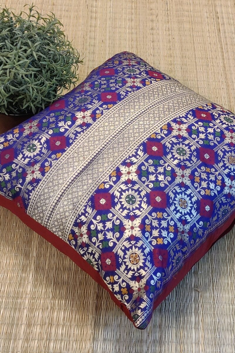 Cozy Cushion: Purple Banarasi Pattu Silk With Maroon and Gold Heavy Machine Emboidery Cushion Cover 16" X 16"