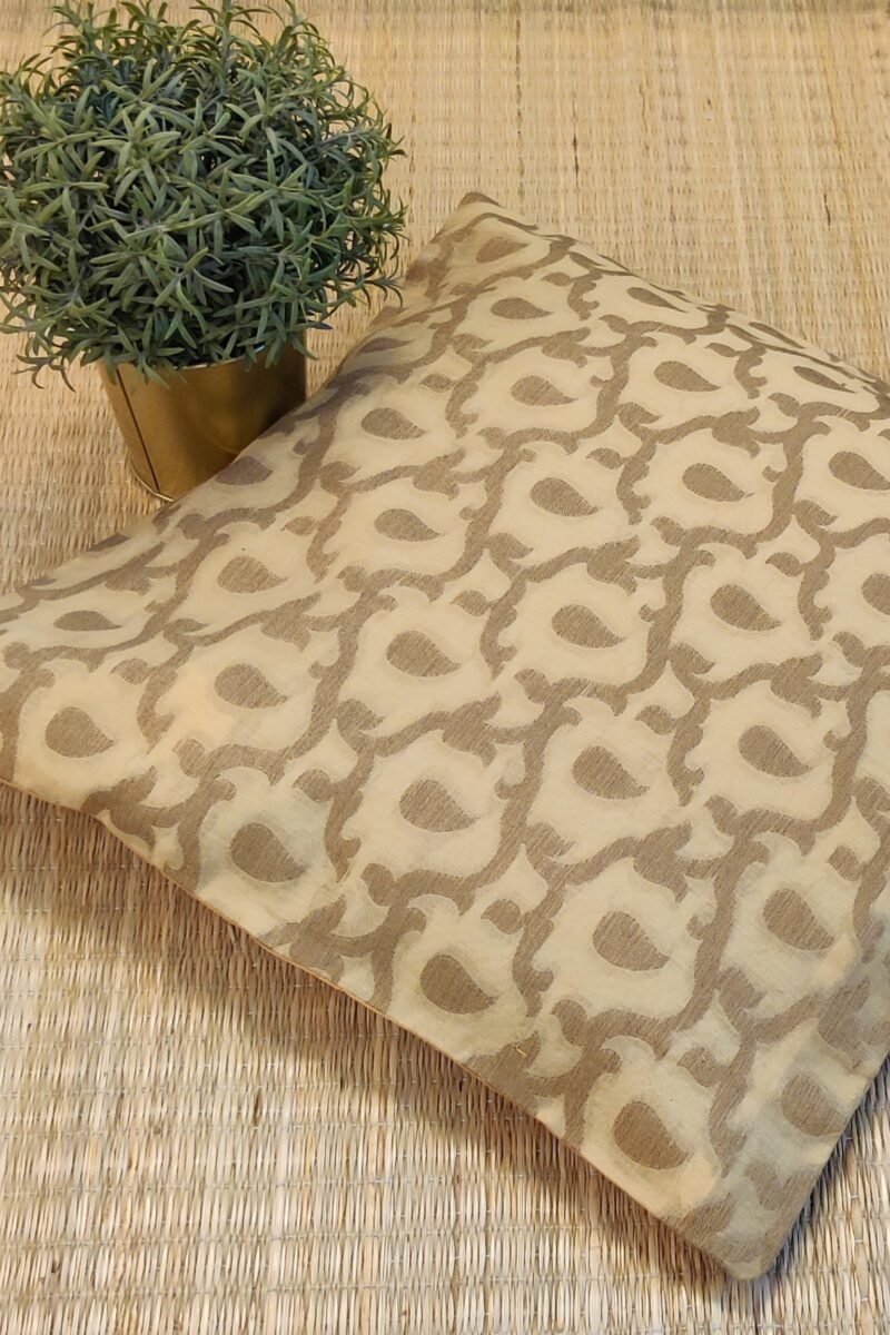 Cozy Cushion: Fawn Banarasi Silk With Teardrop Honeycomb Pattern Cushion Cover 16" X 16"