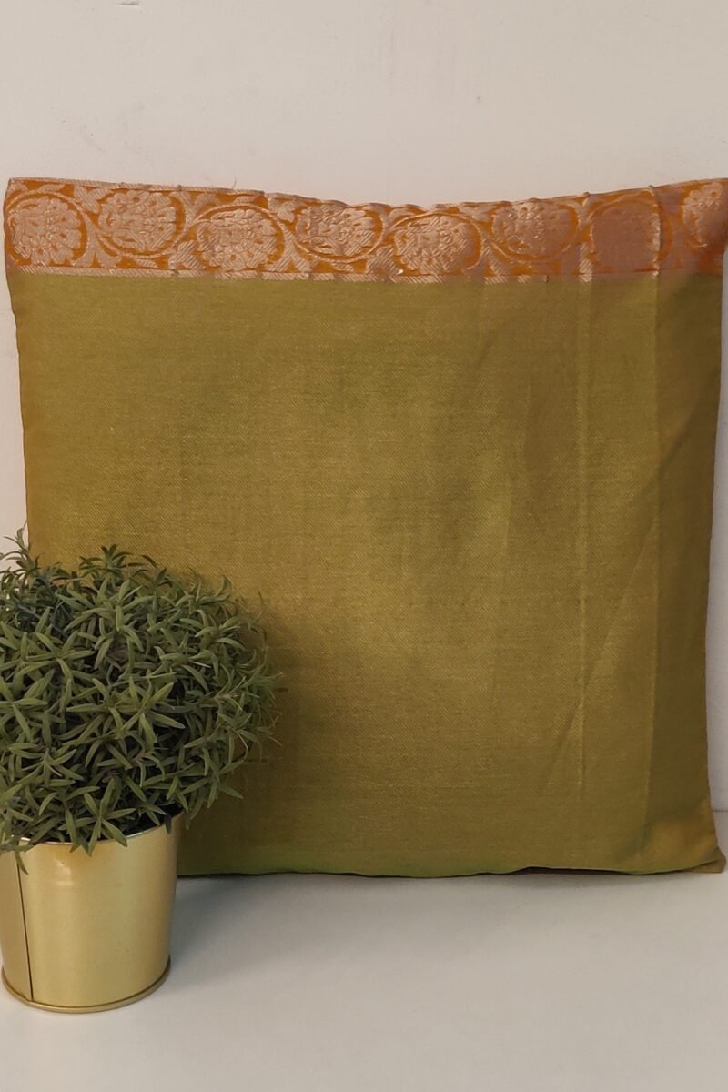 Cozy Cushion: Self Woven Shaded Green Banarasi Silk With Sivler Zari Cushion Cover 16" X 16" - Image 2