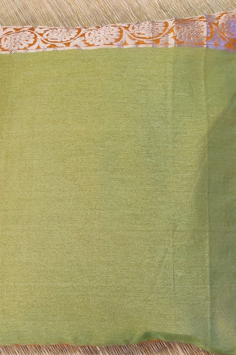 Cozy Cushion: Self Woven Shaded Green Banarasi Silk With Sivler Zari Cushion Cover 16" X 16" - Image 3