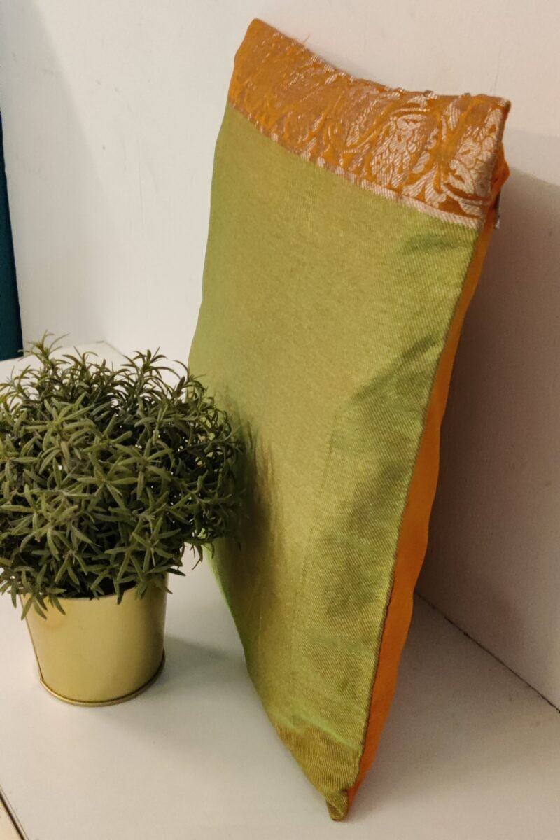 Cozy Cushion: Self Woven Shaded Green Banarasi Silk With Sivler Zari Cushion Cover 16" X 16" - Image 4