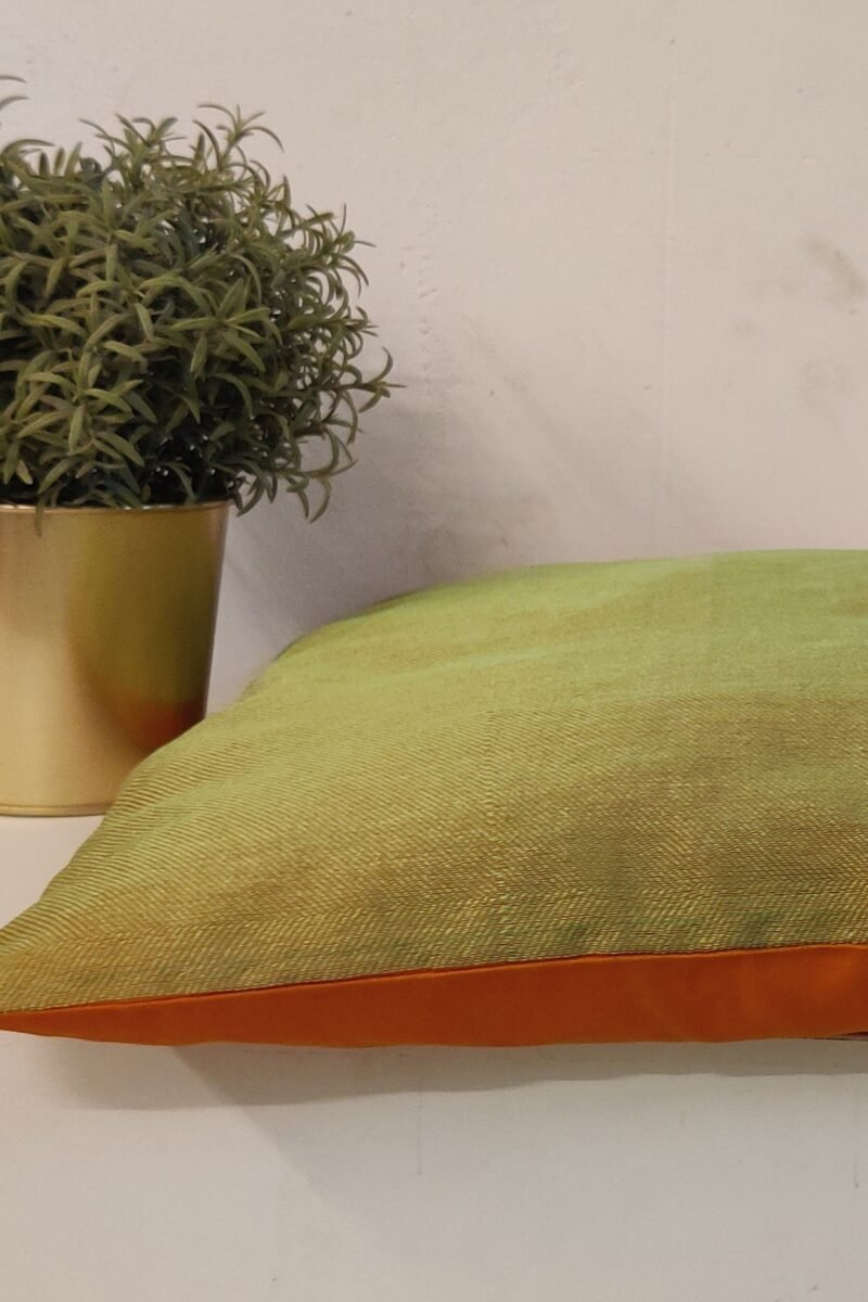 Cozy Cushion: Self Woven Shaded Green Banarasi Silk With Sivler Zari Cushion Cover 16" X 16" - Image 5