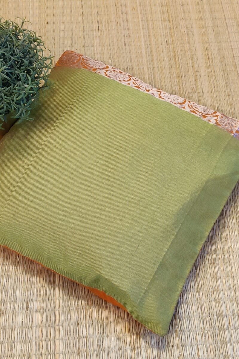 Cozy Cushion: Self Woven Shaded Green Banarasi Silk With Sivler Zari Cushion Cover 16" X 16"
