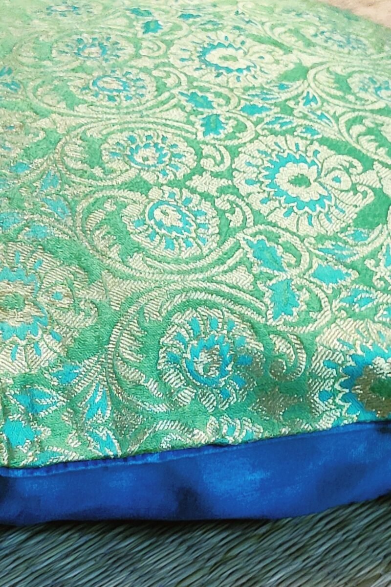 Cozy Cushion: Pista Green and Blue Banarasi Silk Cushion Cover 16" X 16" - Image 2