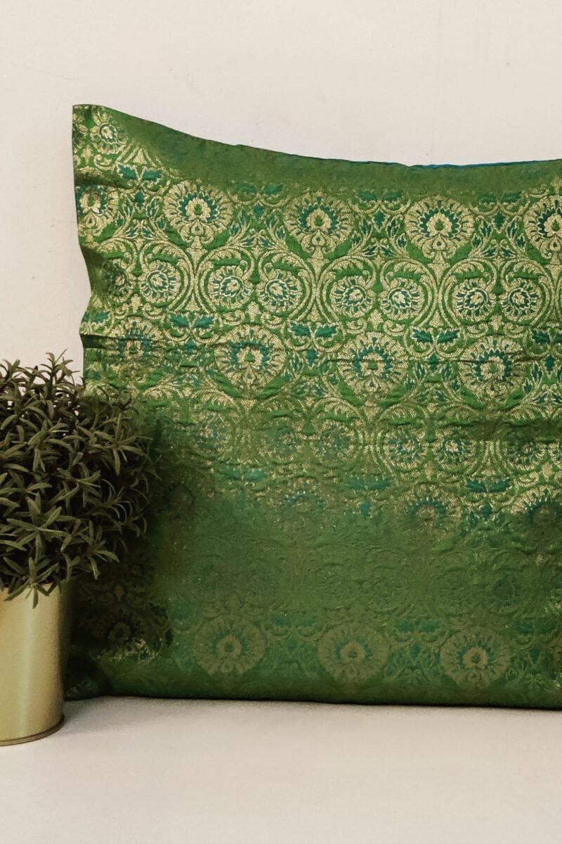 Cozy Cushion: Pista Green and Blue Banarasi Silk Cushion Cover 16" X 16" - Image 3