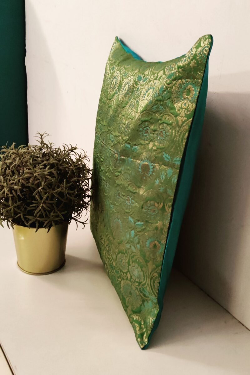 Cozy Cushion: Pista Green and Blue Banarasi Silk Cushion Cover 16" X 16" - Image 4