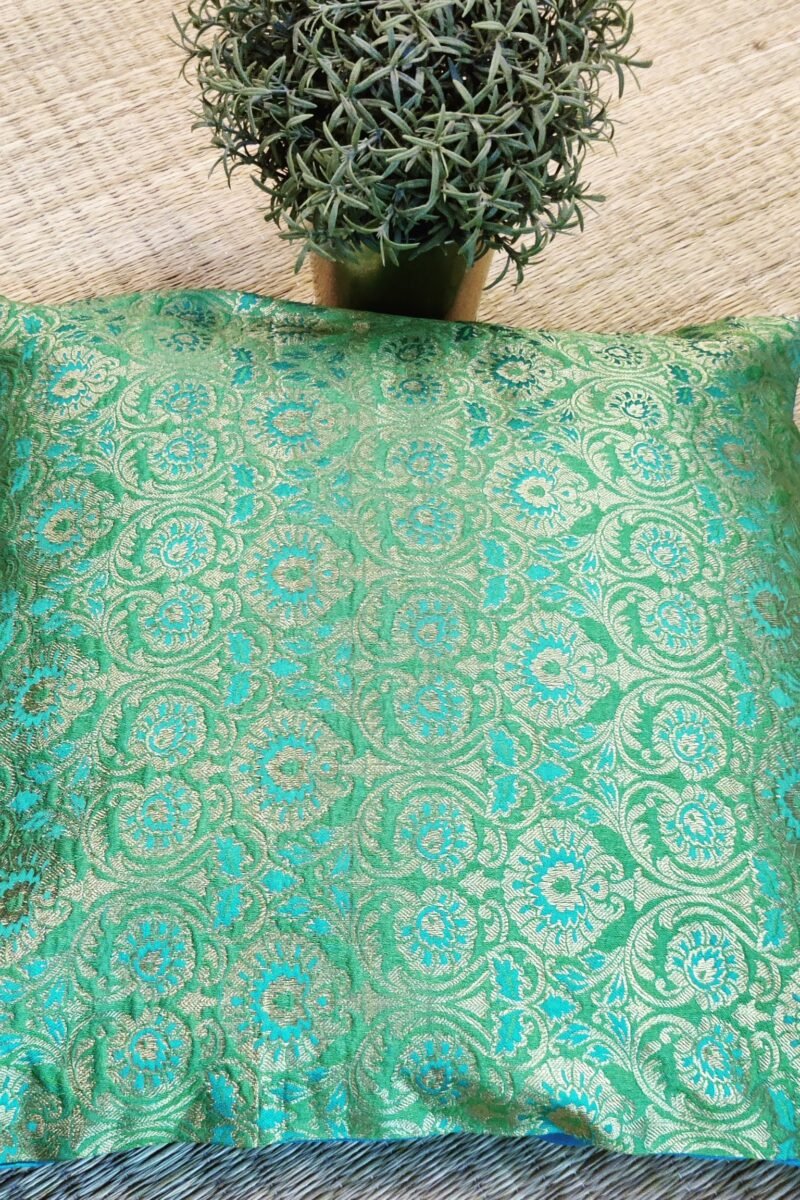 Cozy Cushion: Pista Green and Blue Banarasi Silk Cushion Cover 16" X 16" - Image 5