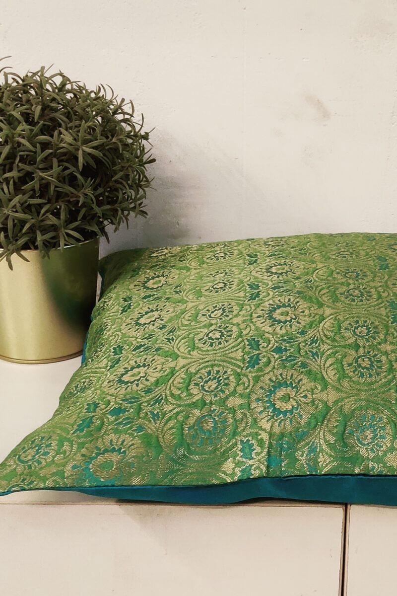 Cozy Cushion: Pista Green and Blue Banarasi Silk Cushion Cover 16" X 16" - Image 6