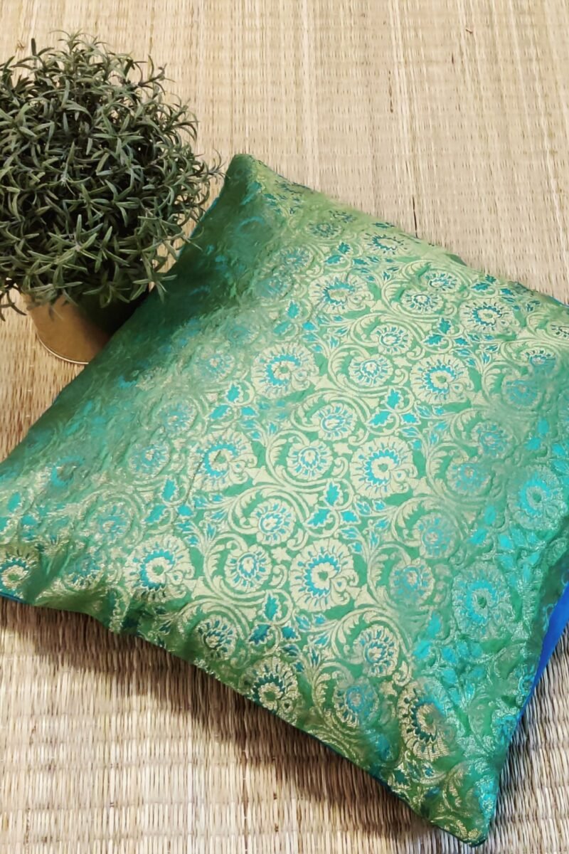 Cozy Cushion: Pista Green and Blue Banarasi Silk Cushion Cover 16" X 16"