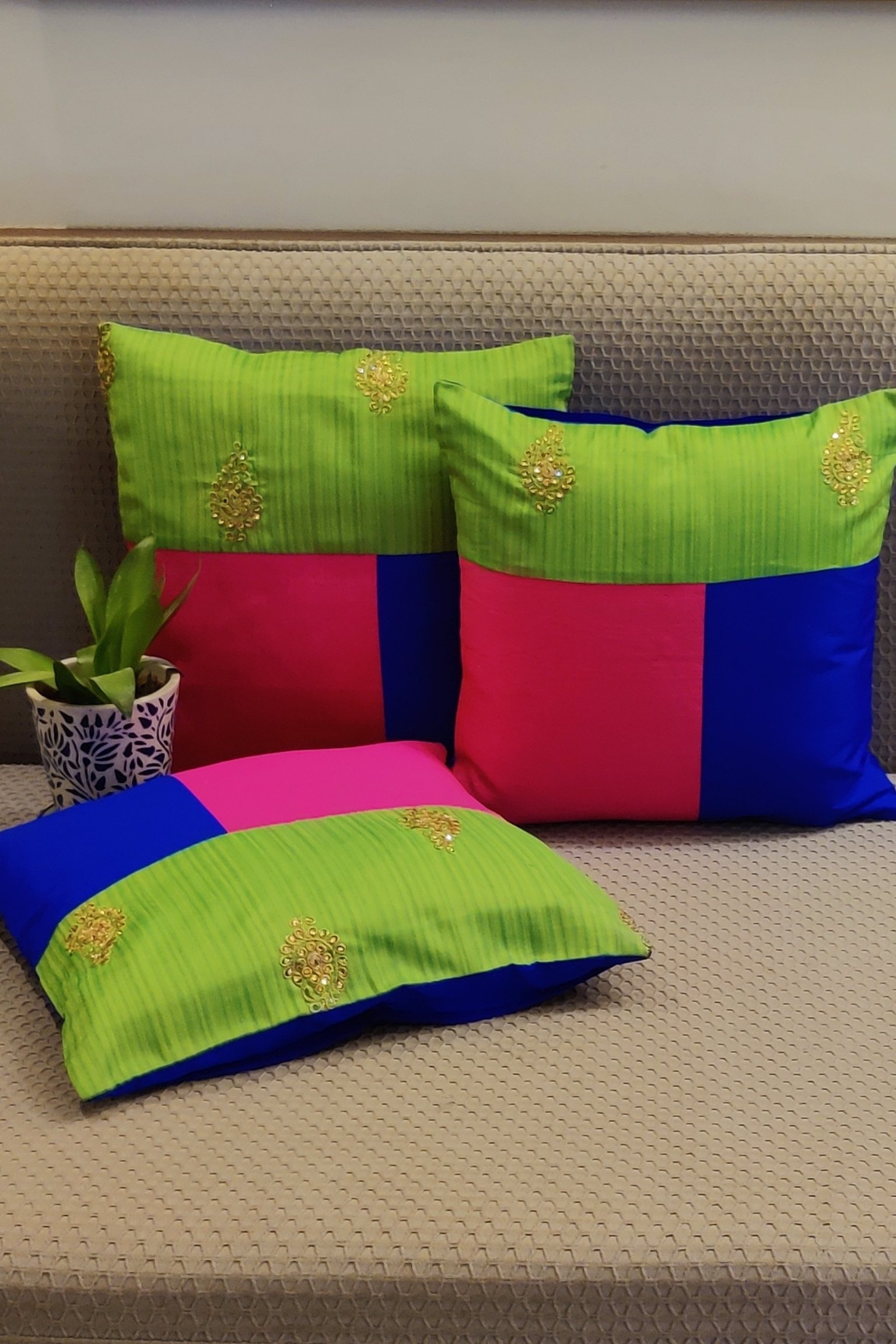 Cozy Cushion: Lime Green Raw Silk Patchwork Cushion Cover 16" X 16" - Image 2