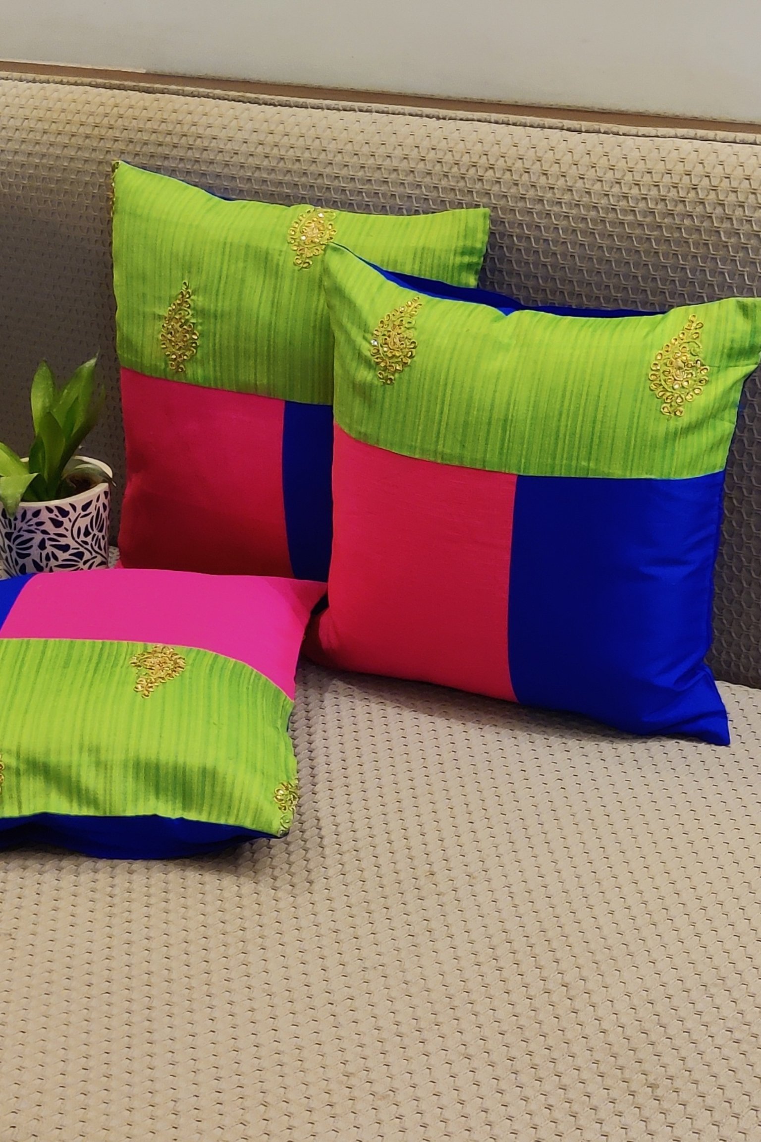 Cozy Cushion: Lime Green Raw Silk Patchwork Cushion Cover 16" X 16" - Image 3