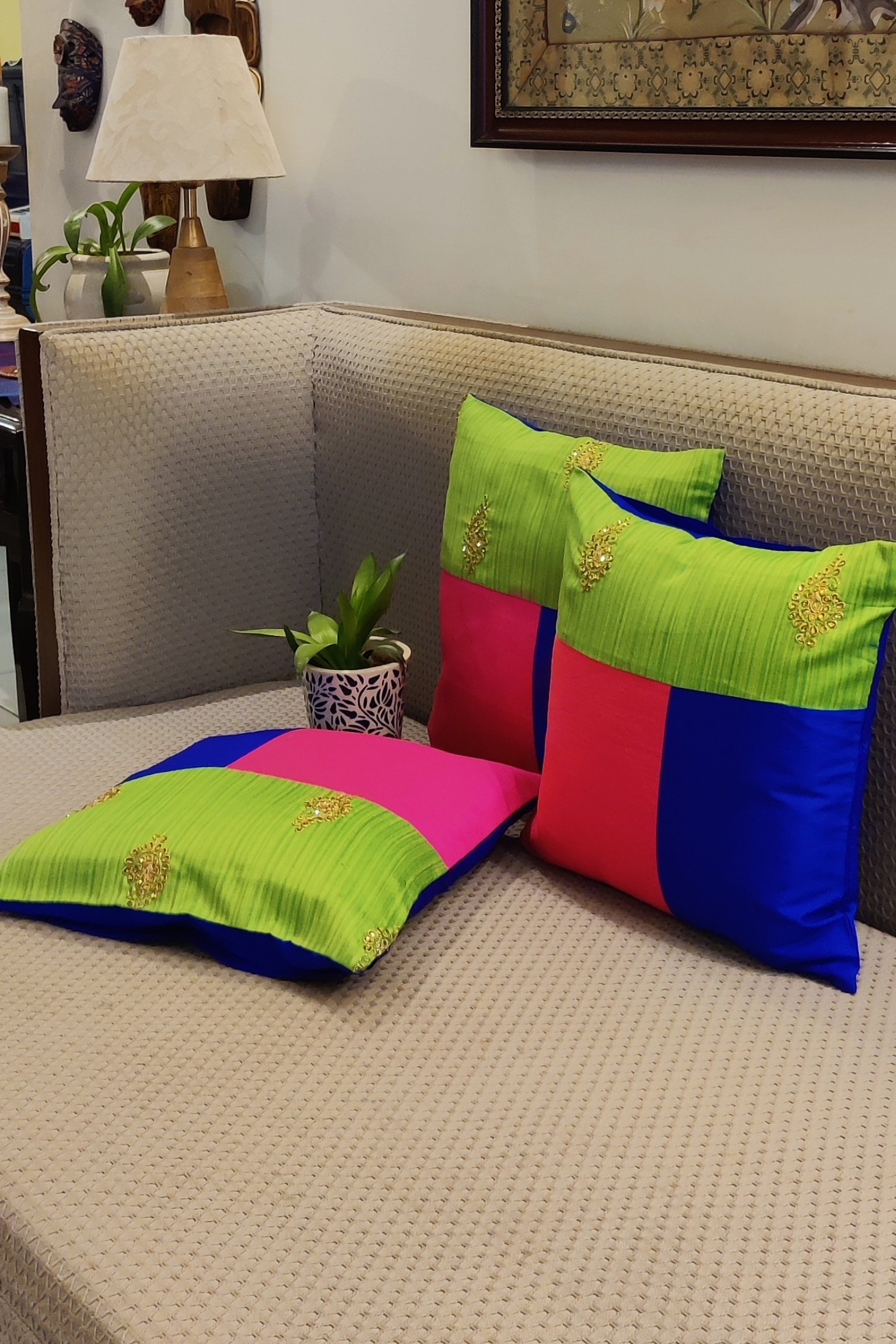 Cozy Cushion: Lime Green Raw Silk Patchwork Cushion Cover 16" X 16" - Image 4