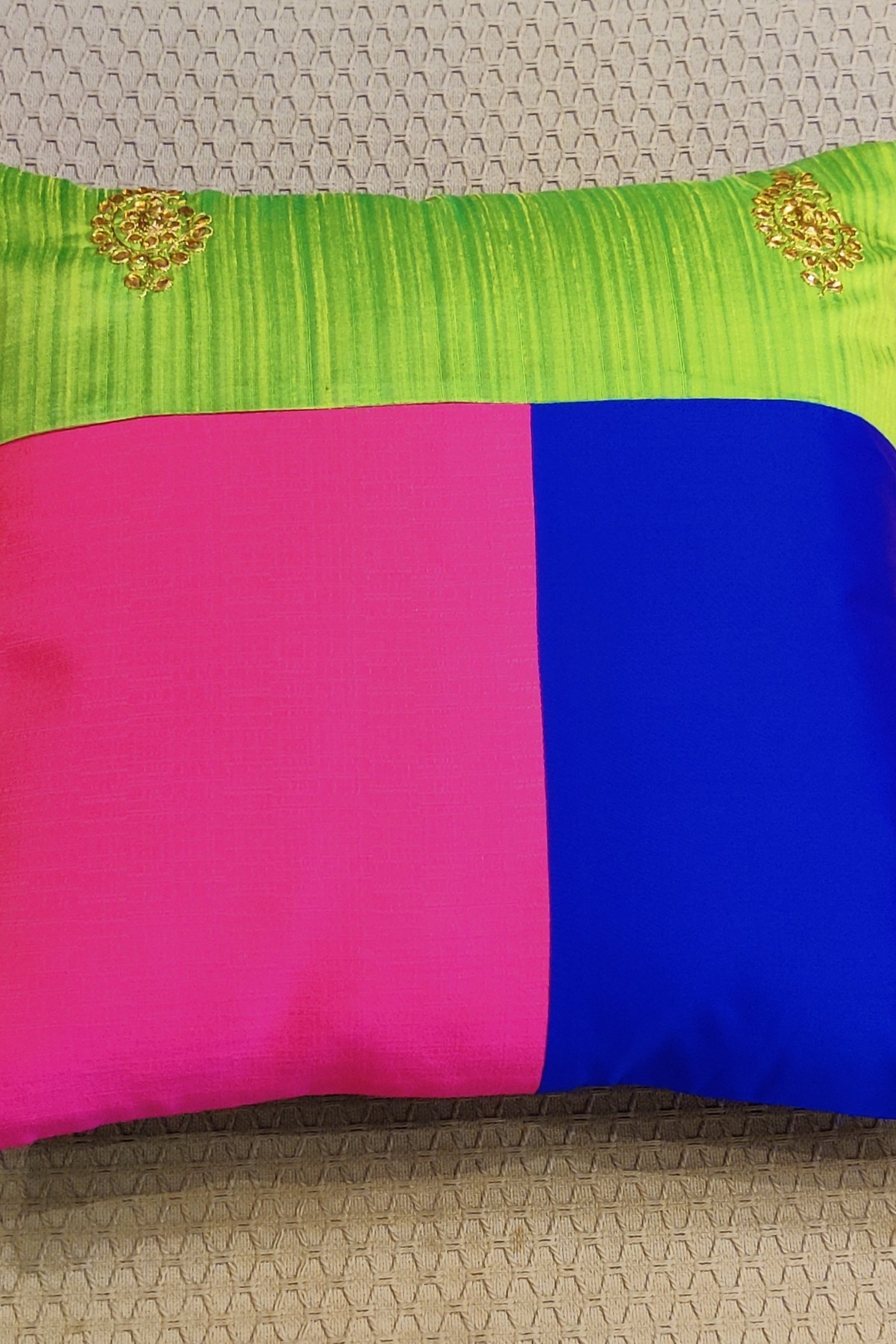 Cozy Cushion: Lime Green Raw Silk Patchwork Cushion Cover 16" X 16"