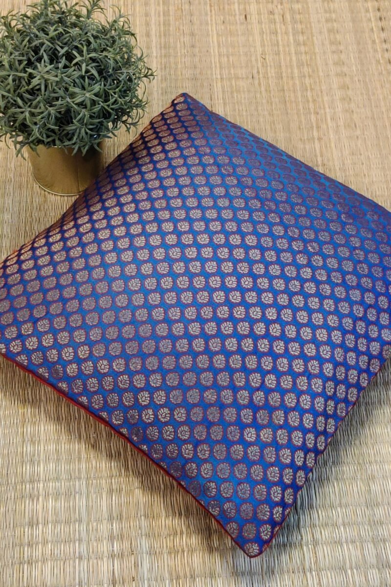 Cozy Cushion: Blue Banarasi Silk With Red Border And Small Leaf Motifs Cushion Cover 16" X 16" - Image 2