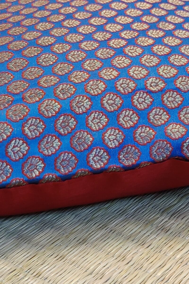Cozy Cushion: Blue Banarasi Silk With Red Border And Small Leaf Motifs Cushion Cover 16" X 16" - Image 5