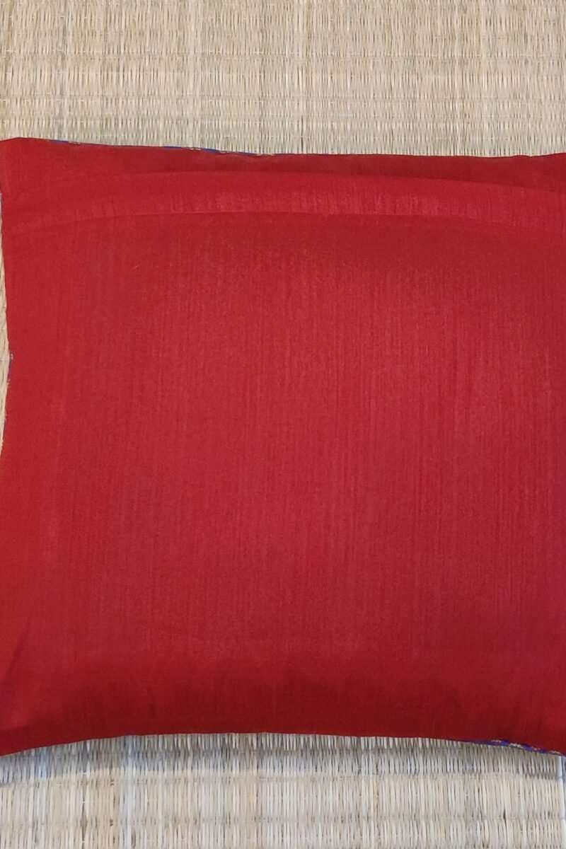 Cozy Cushion: Blue Banarasi Silk With Red Border And Small Leaf Motifs Cushion Cover 16" X 16" - Image 7