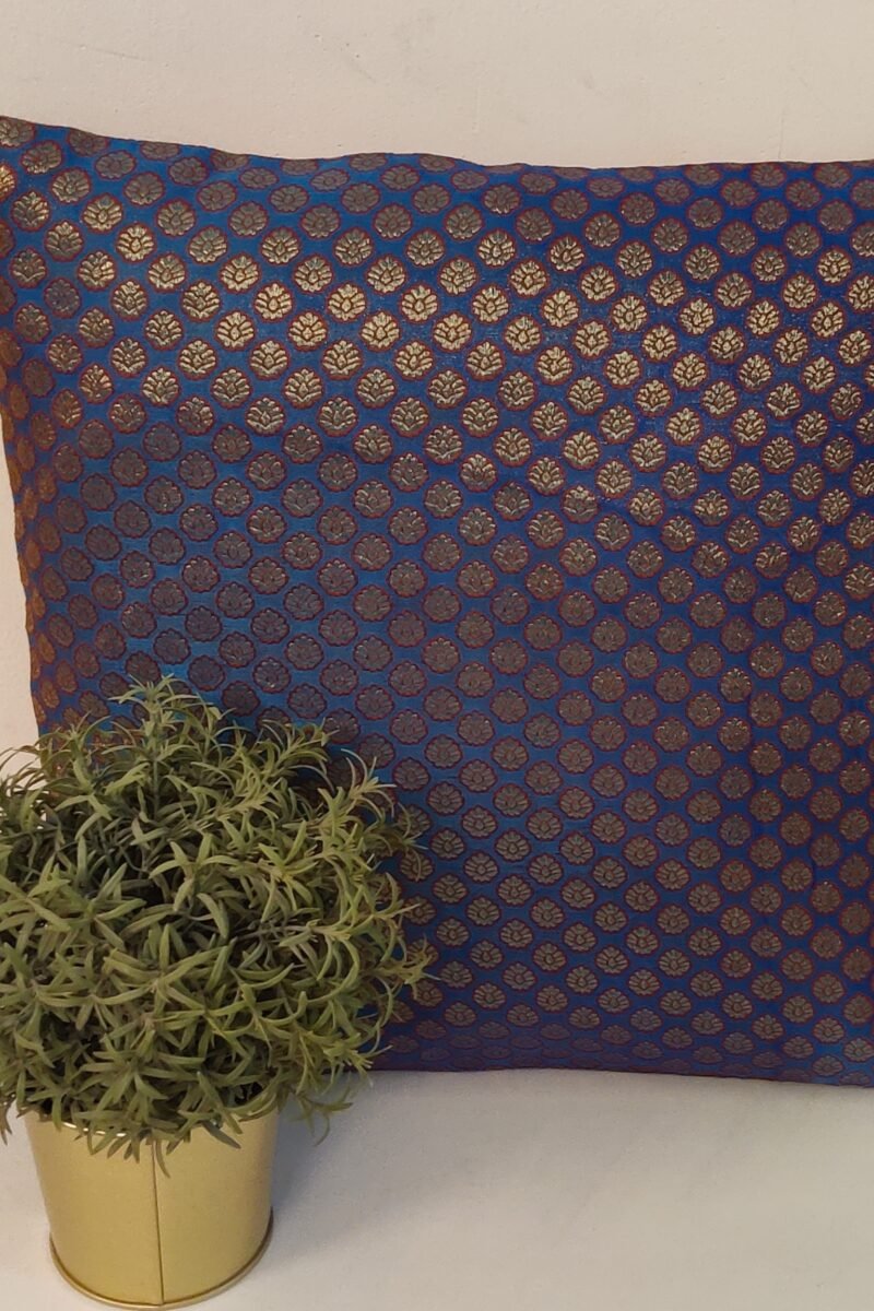 Cozy Cushion: Blue Banarasi Silk With Red Border And Small Leaf Motifs Cushion Cover 16" X 16"