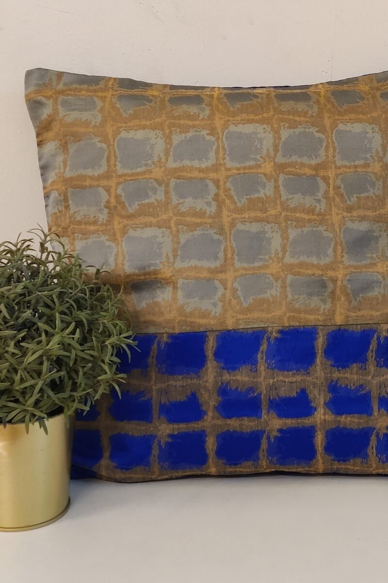 Cozy Cushion: Blue and Grey Raw Silk Box Pattern Cushion Cover 16" X 16" - Image 2