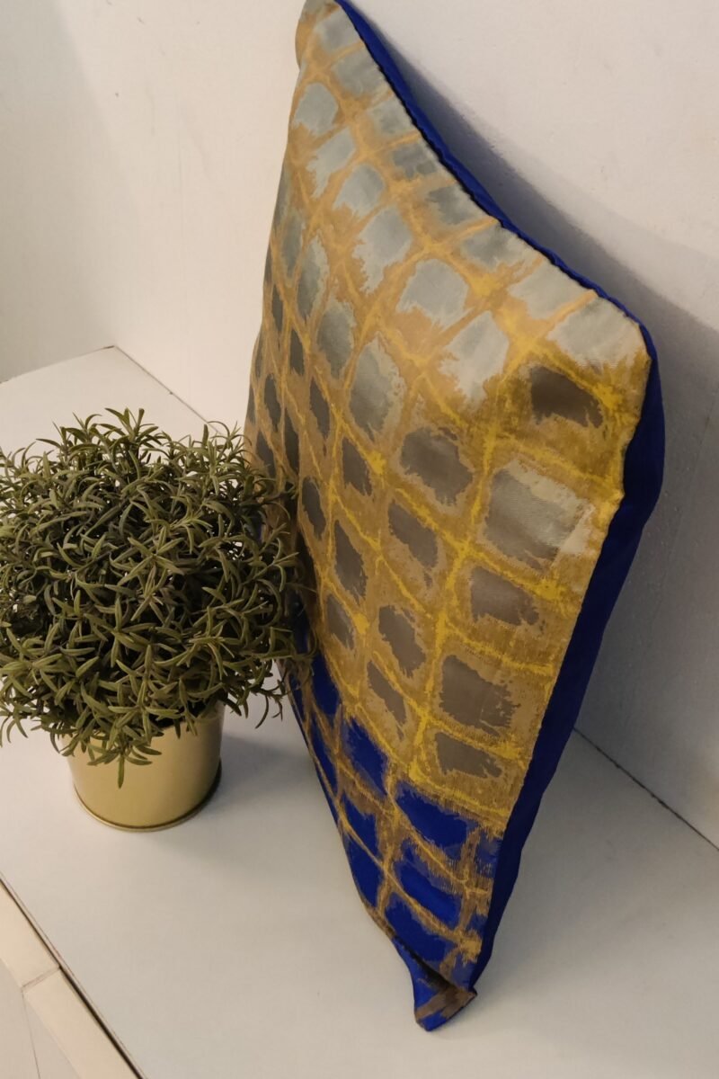 Cozy Cushion: Blue and Grey Raw Silk Box Pattern Cushion Cover 16" X 16" - Image 3