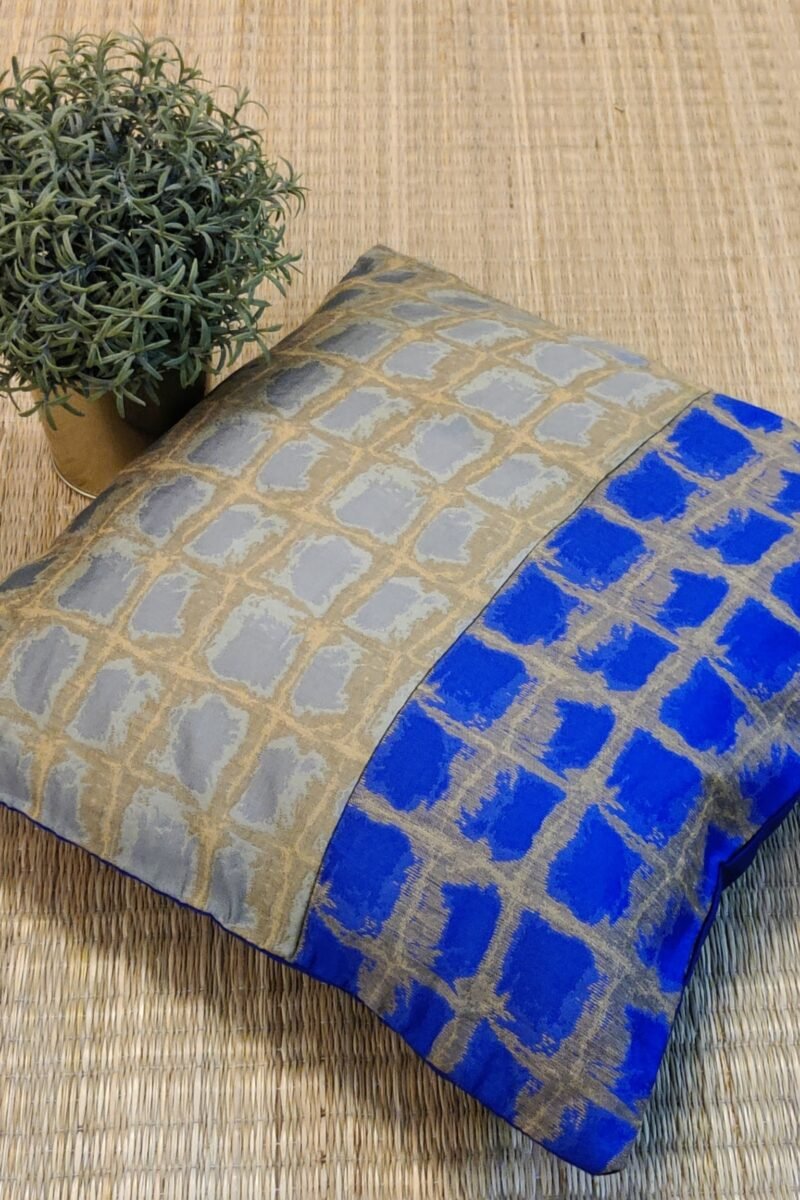 Cozy Cushion: Blue and Grey Raw Silk Box Pattern Cushion Cover 16" X 16" - Image 5