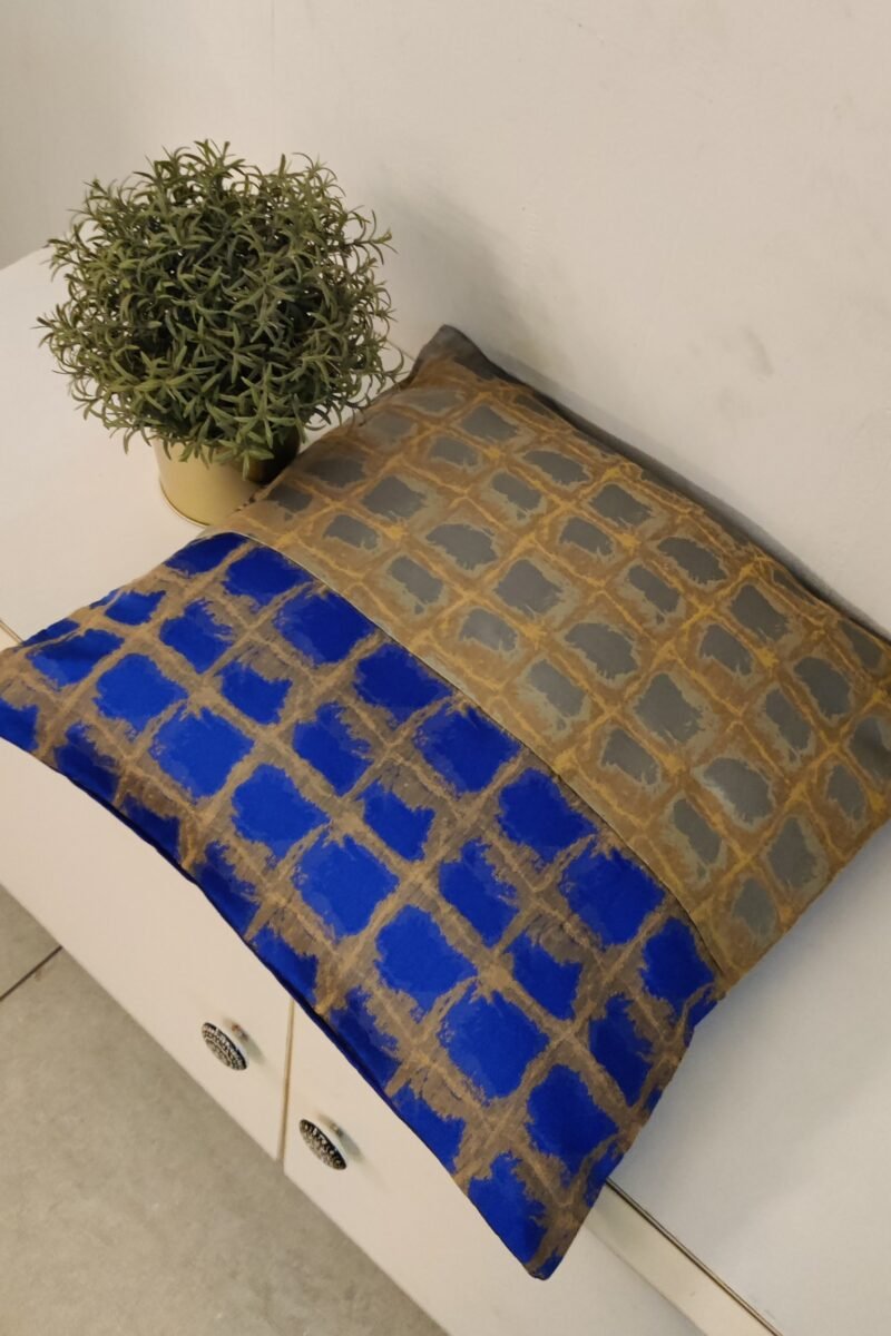 Cozy Cushion: Blue and Grey Raw Silk Box Pattern Cushion Cover 16" X 16"
