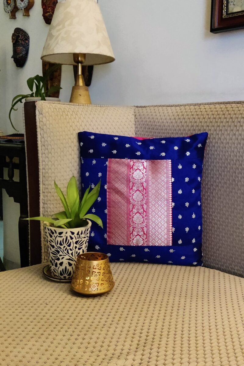Cozy Cushion: Bright Blue Raw Silk Gold With Hot Pink Zari Work Cushion Cover 16" X 16" - Image 2