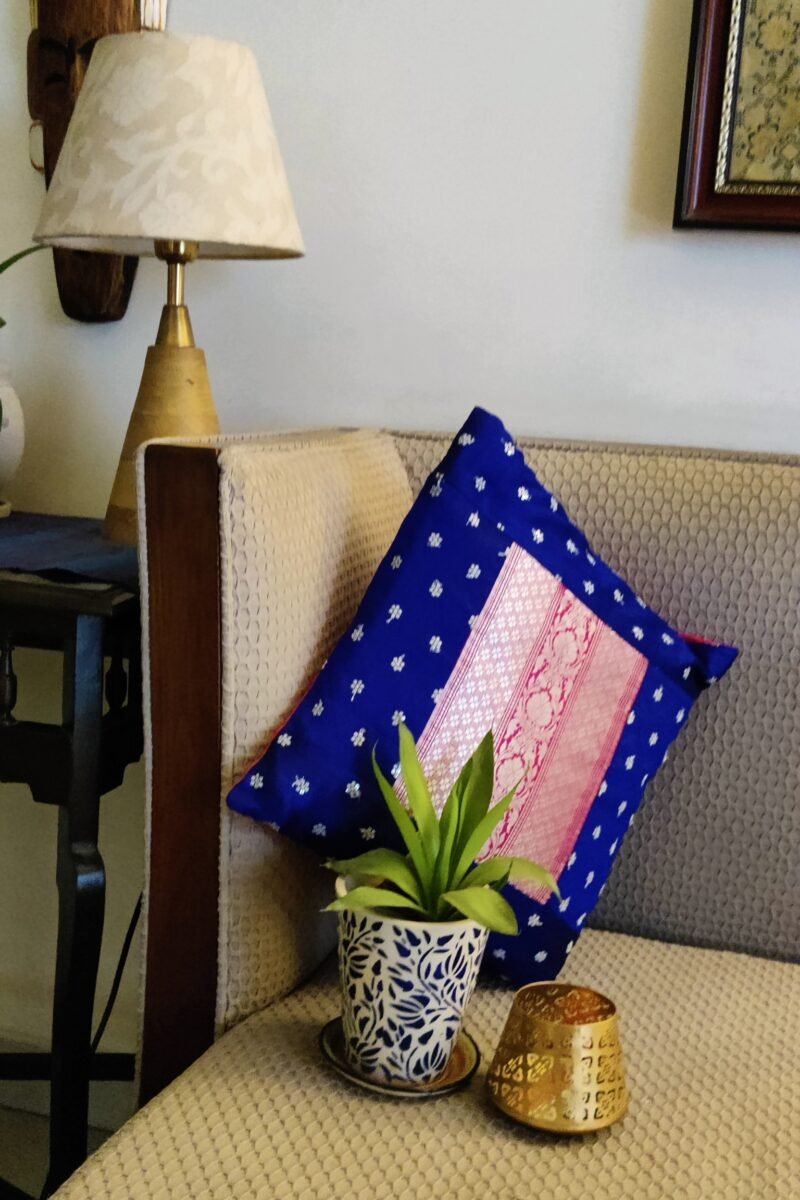 Cozy Cushion: Bright Blue Raw Silk Gold With Hot Pink Zari Work Cushion Cover 16" X 16" - Image 4