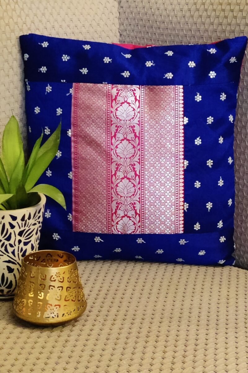 Cozy Cushion: Bright Blue Raw Silk Gold With Hot Pink Zari Work Cushion Cover 16" X 16" - Image 5
