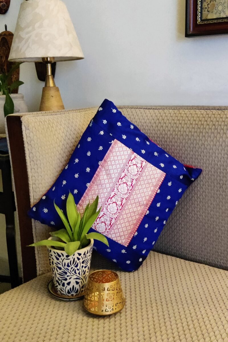 Cozy Cushion: Bright Blue Raw Silk Gold With Hot Pink Zari Work Cushion Cover 16" X 16"
