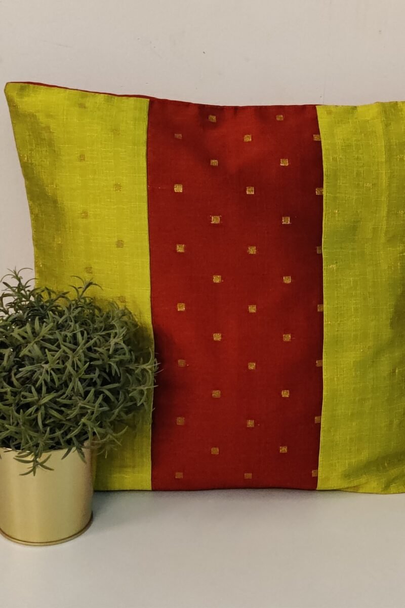 Cozy Cushion: Lime Green and Red  Raw Silk In Parallel Pattern Cushion Cover 16" X 16" - Image 2