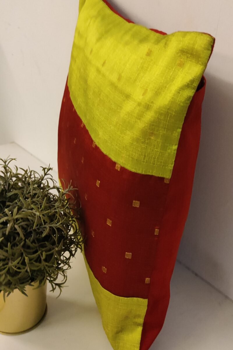 Cozy Cushion: Lime Green and Red  Raw Silk In Parallel Pattern Cushion Cover 16" X 16" - Image 3