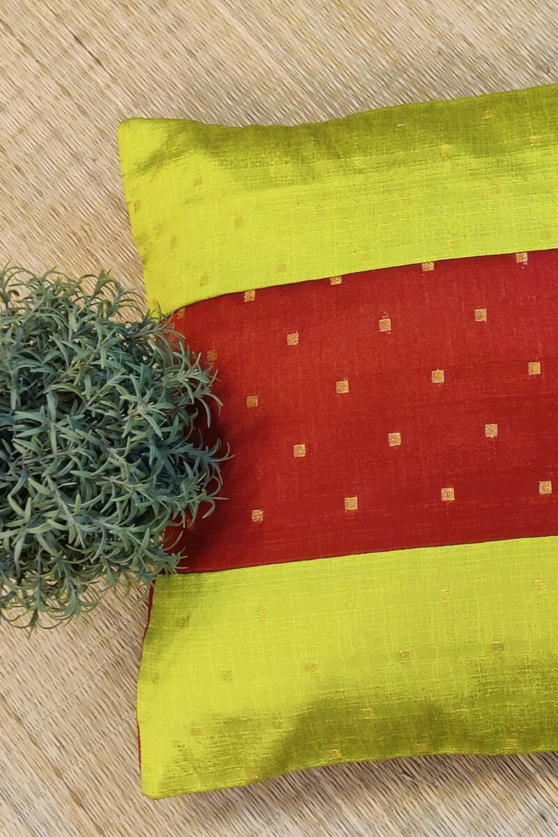 Cozy Cushion: Lime Green and Red  Raw Silk In Parallel Pattern Cushion Cover 16" X 16" - Image 4