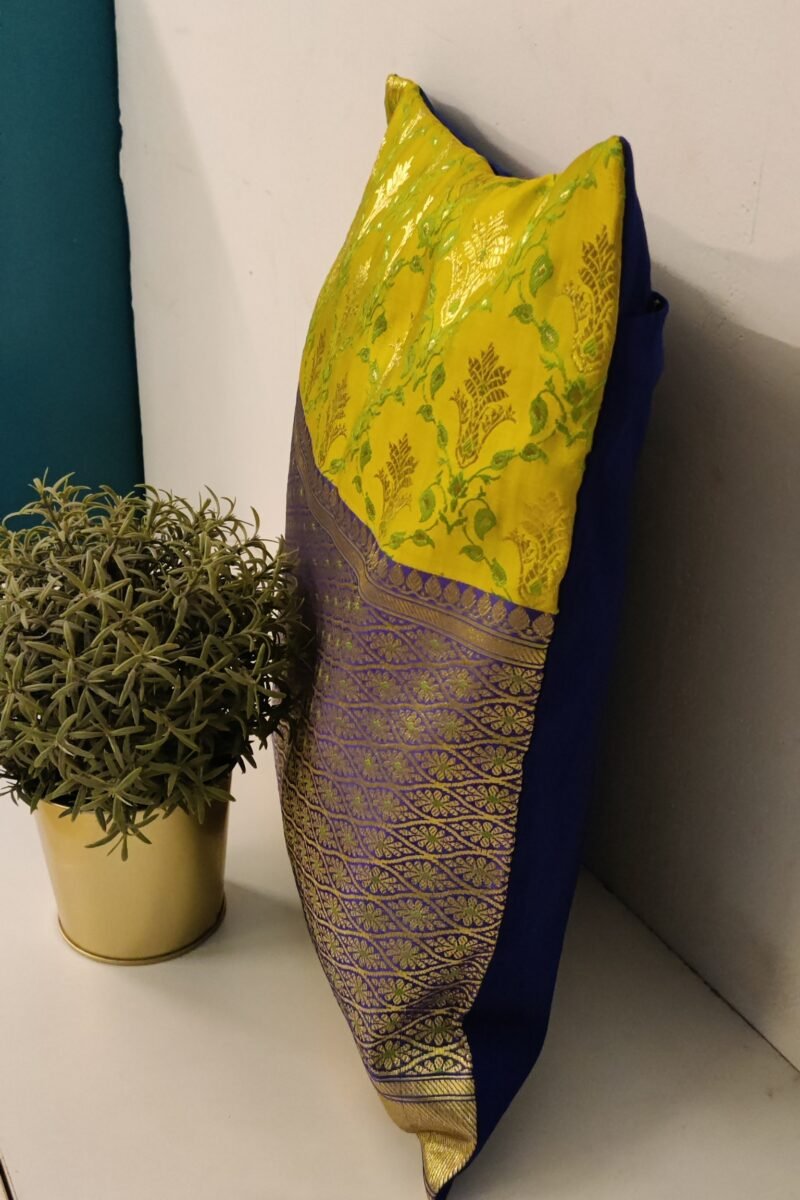 Cozy Cushion: Lime Green and Blue Satin Raw Silk With Broad Zari Border Cushion Cover 16" X 16" - Image 2