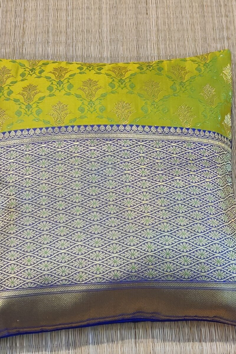 Cozy Cushion: Lime Green and Blue Satin Raw Silk With Broad Zari Border Cushion Cover 16" X 16" - Image 3