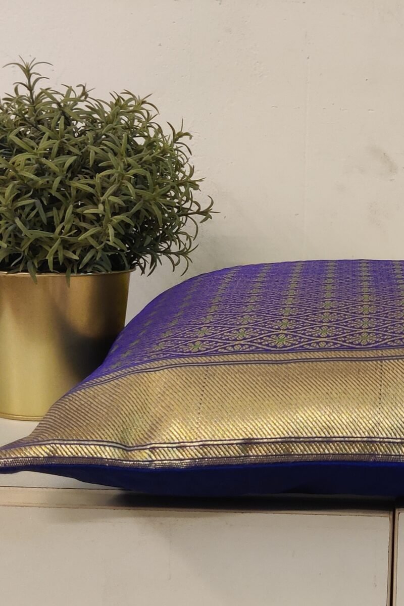 Cozy Cushion: Lime Green and Blue Satin Raw Silk With Broad Zari Border Cushion Cover 16" X 16" - Image 4