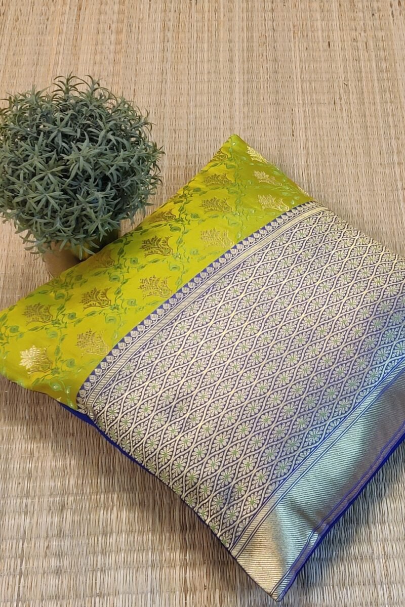 Cozy Cushion: Lime Green and Blue Satin Raw Silk With Broad Zari Border Cushion Cover 16" X 16" - Image 5