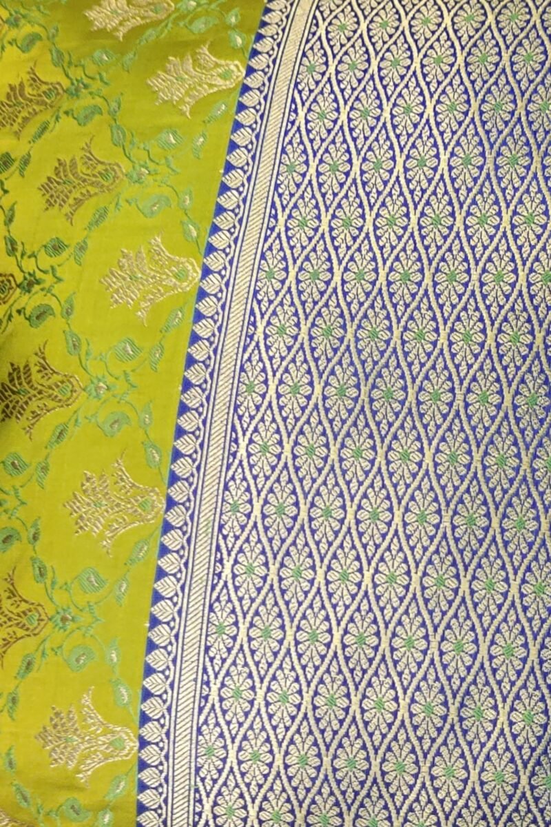 Cozy Cushion: Lime Green and Blue Satin Raw Silk With Broad Zari Border Cushion Cover 16" X 16" - Image 6