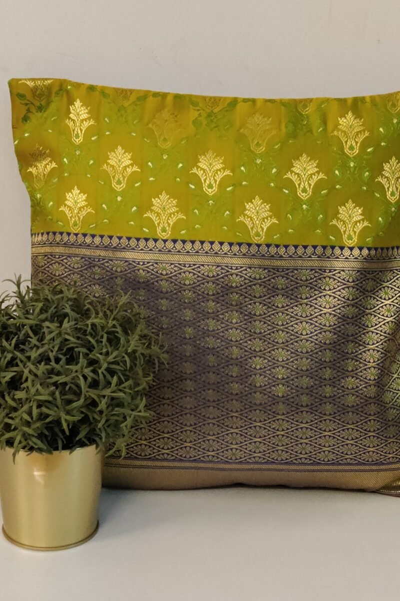 Cozy Cushion: Lime Green and Blue Satin Raw Silk With Broad Zari Border Cushion Cover 16" X 16"