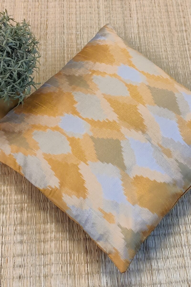 Cozy Cushion: Mustard Yellow Raw Ikkat Print in Olive Green and Grey Cushion Cover 16" X 16" - Image 2