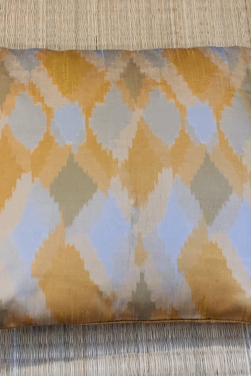 Cozy Cushion: Mustard Yellow Raw Ikkat Print in Olive Green and Grey Cushion Cover 16" X 16" - Image 3